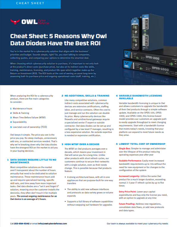 Cheat Sheet 5 Reasons Why Owl Data Diodes Have the Best ROI Owl